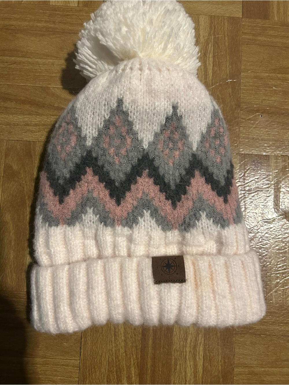 Cozy Pom-Pom Knit Beanie Hat - Cream, Pink & Gray